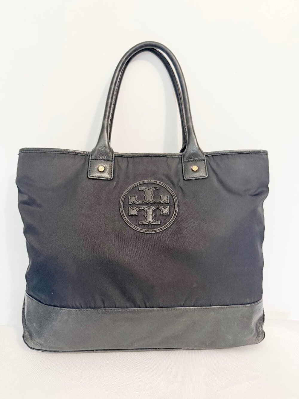 Tory Burch Black Slouchy Nylon Tote – Leather Trim, Striped Lining Description: